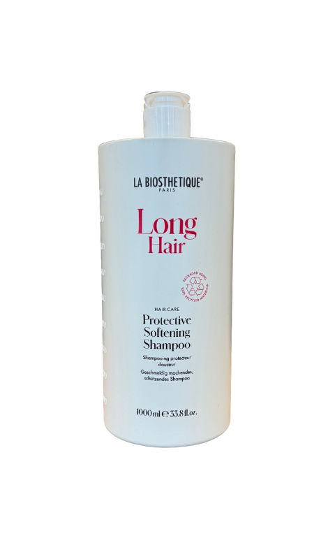 White bottle of La Biosthetique Long Hair Protective Softening Shampoo, centered against a black background